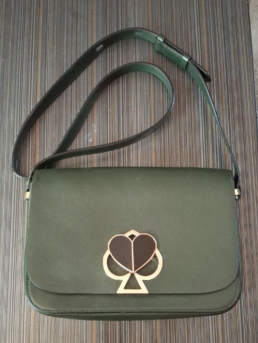 kate spade Dark Green Leather Crossbody with Heart-Club Emblem
